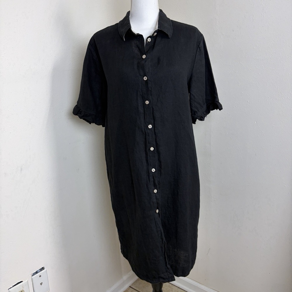 Crown Linen Designs Beautiful Girl S Black 100% Linen Shirt Dress Button Front